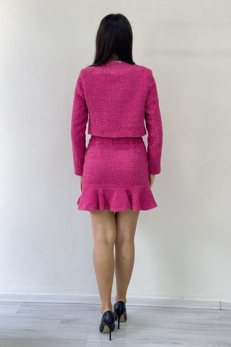 Fuşya Ceket Fırfır Etek İşemeli Tüvit İkili Takım 