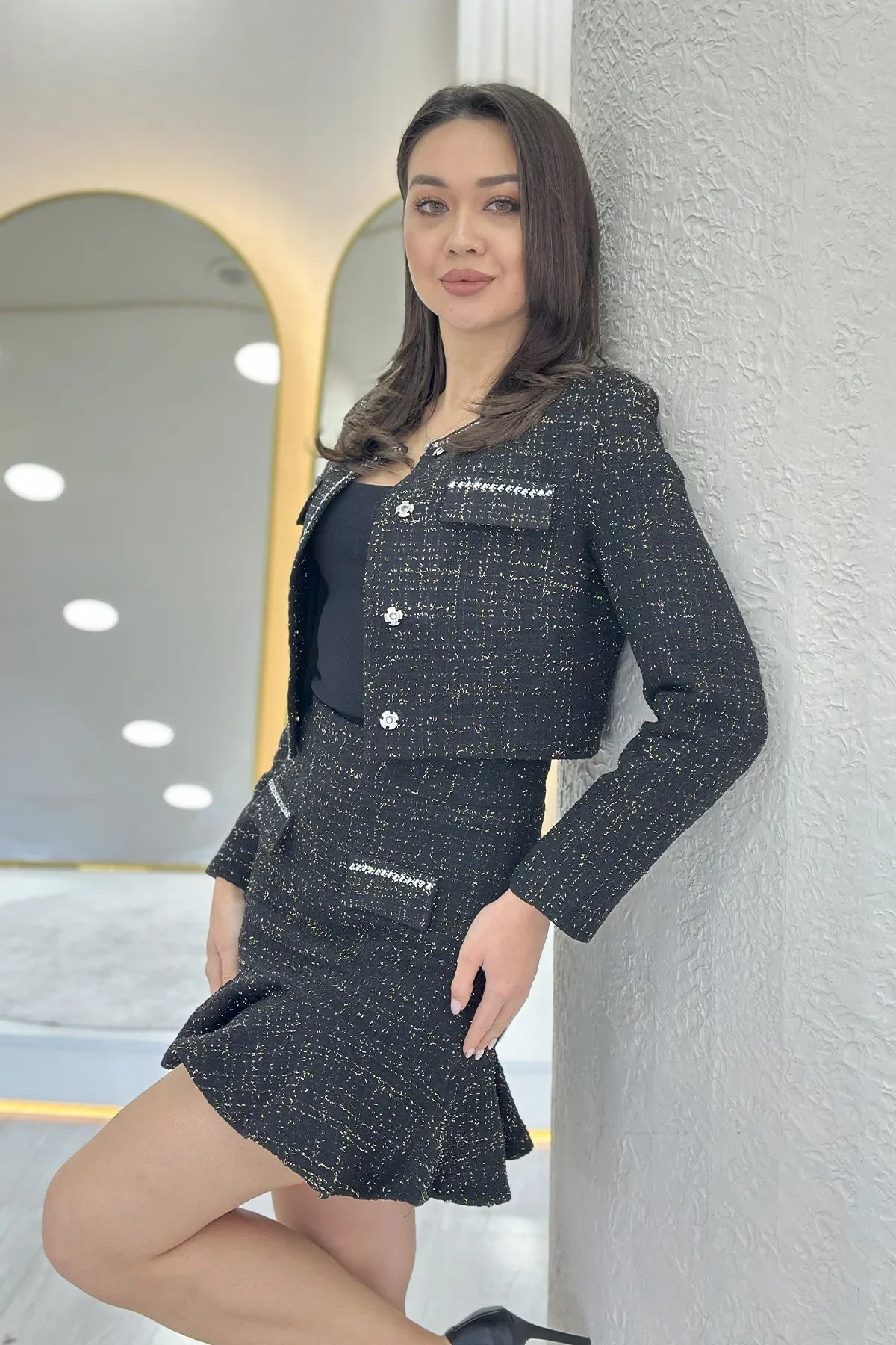 Siyah Ceket Fırfır Etek İşemeli Tüvit İkili Takım