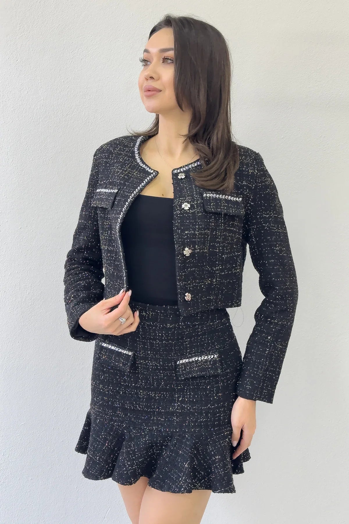 Siyah Ceket Fırfır Etek İşemeli Tüvit İkili Takım