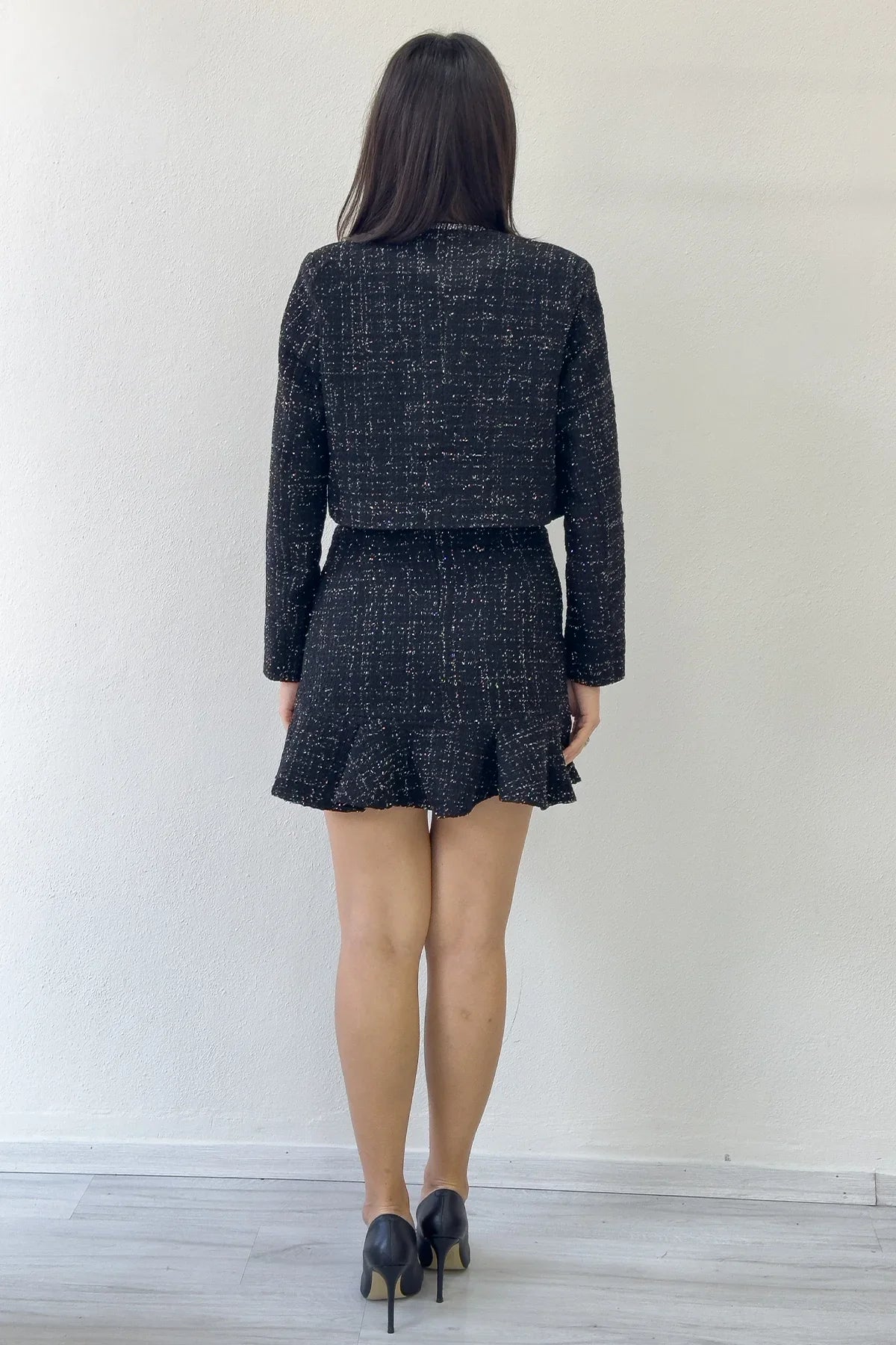 Siyah Ceket Fırfır Etek İşemeli Tüvit İkili Takım