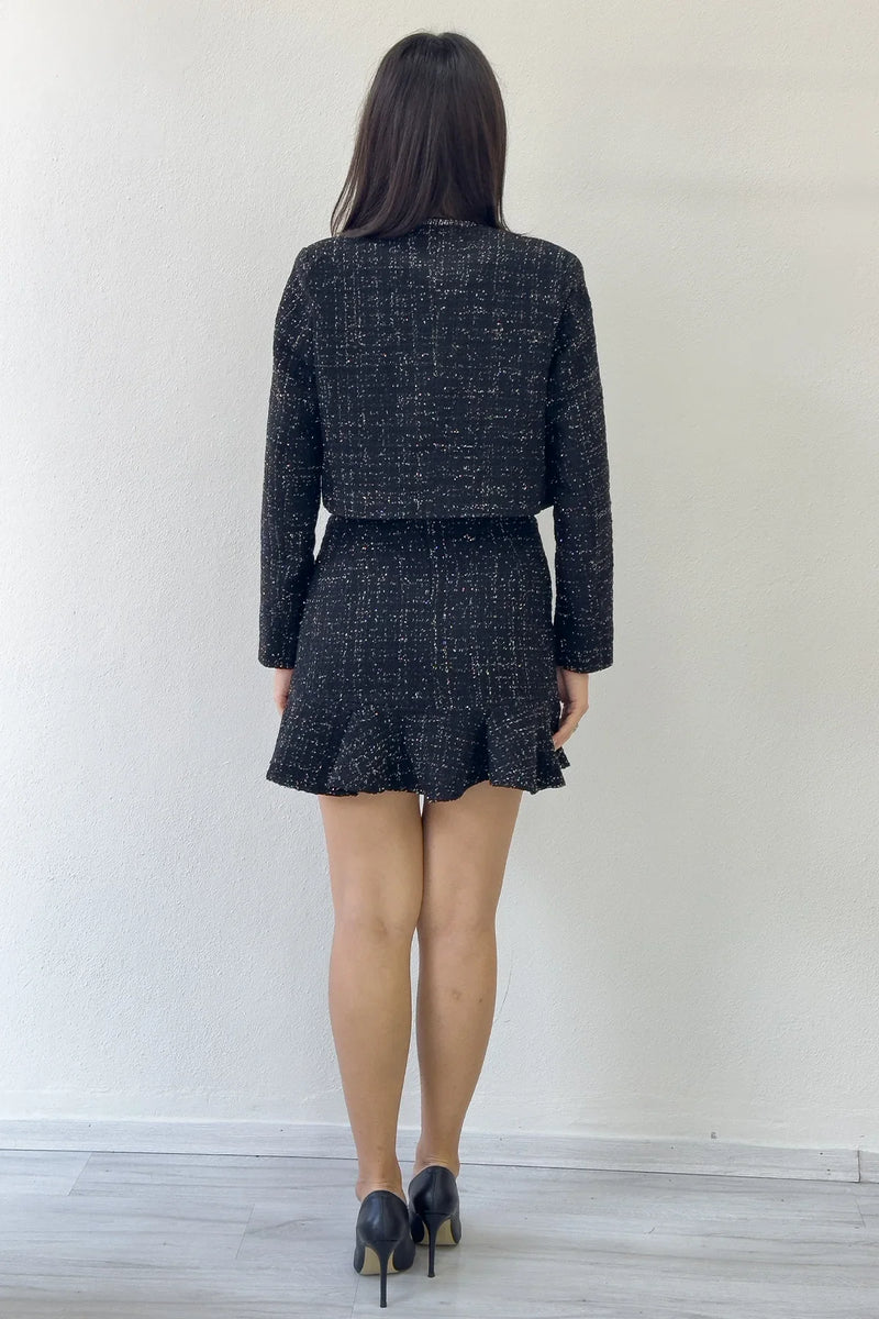 Siyah Ceket Fırfır Etek İşemeli Tüvit İkili Takım