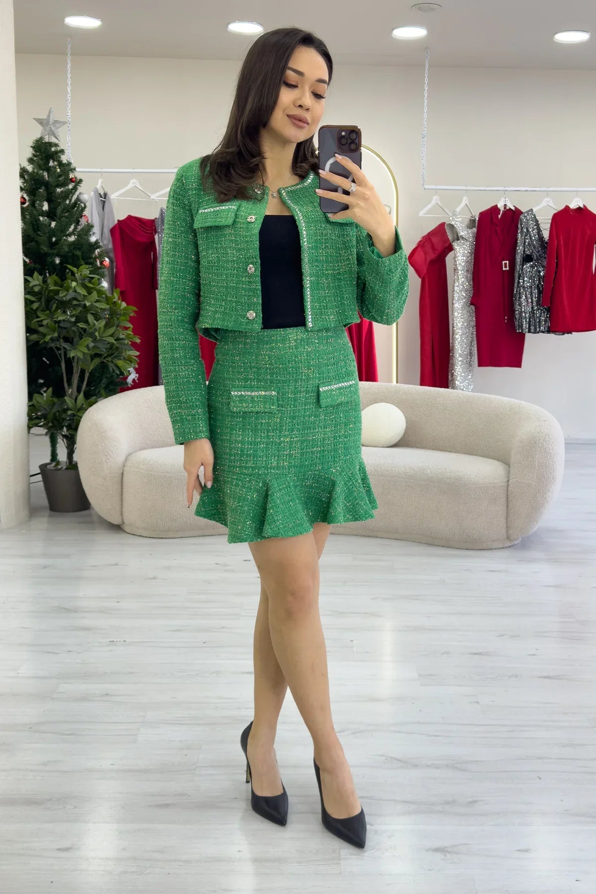 Yeşil Ceket Fırfır Etek İşemeli Tüvit İkili Takım