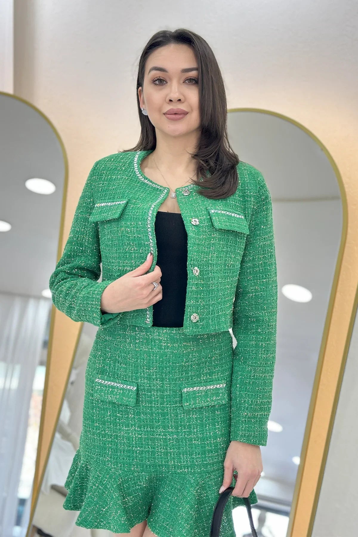 Yeşil Ceket Fırfır Etek İşemeli Tüvit İkili Takım