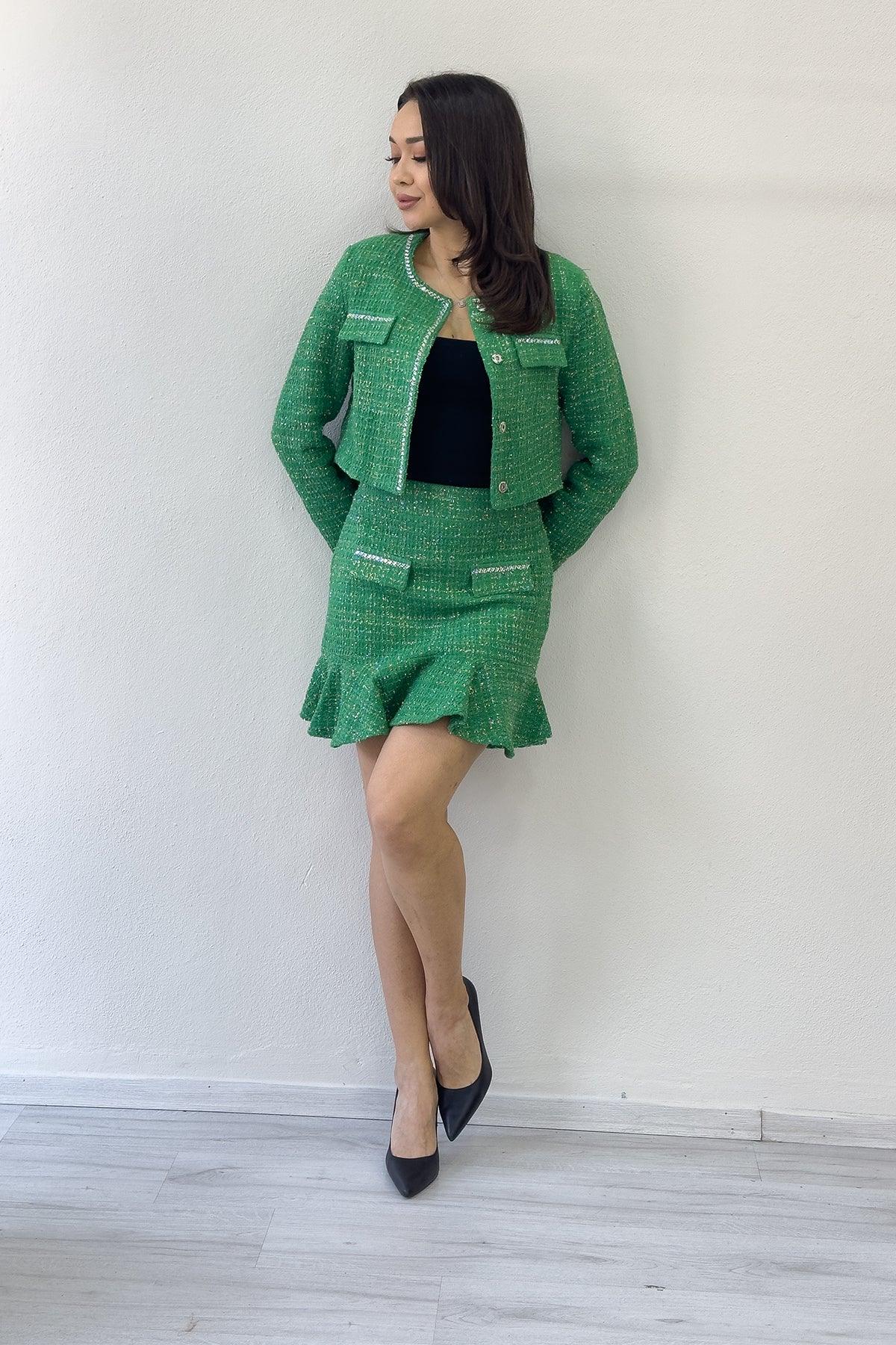 Yeşil Ceket Fırfır Etek İşemeli Tüvit İkili Takım