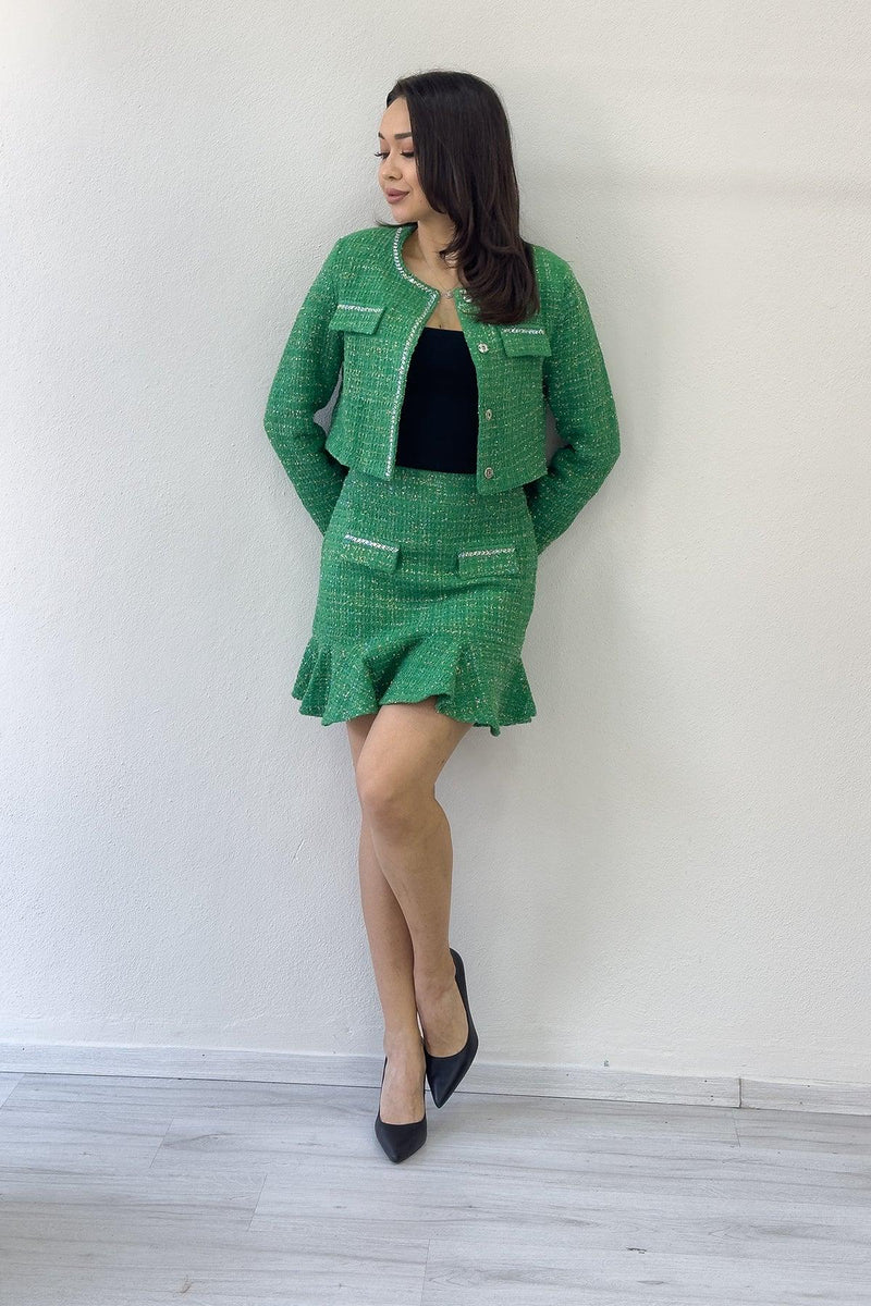 Yeşil Ceket Fırfır Etek İşemeli Tüvit İkili Takım