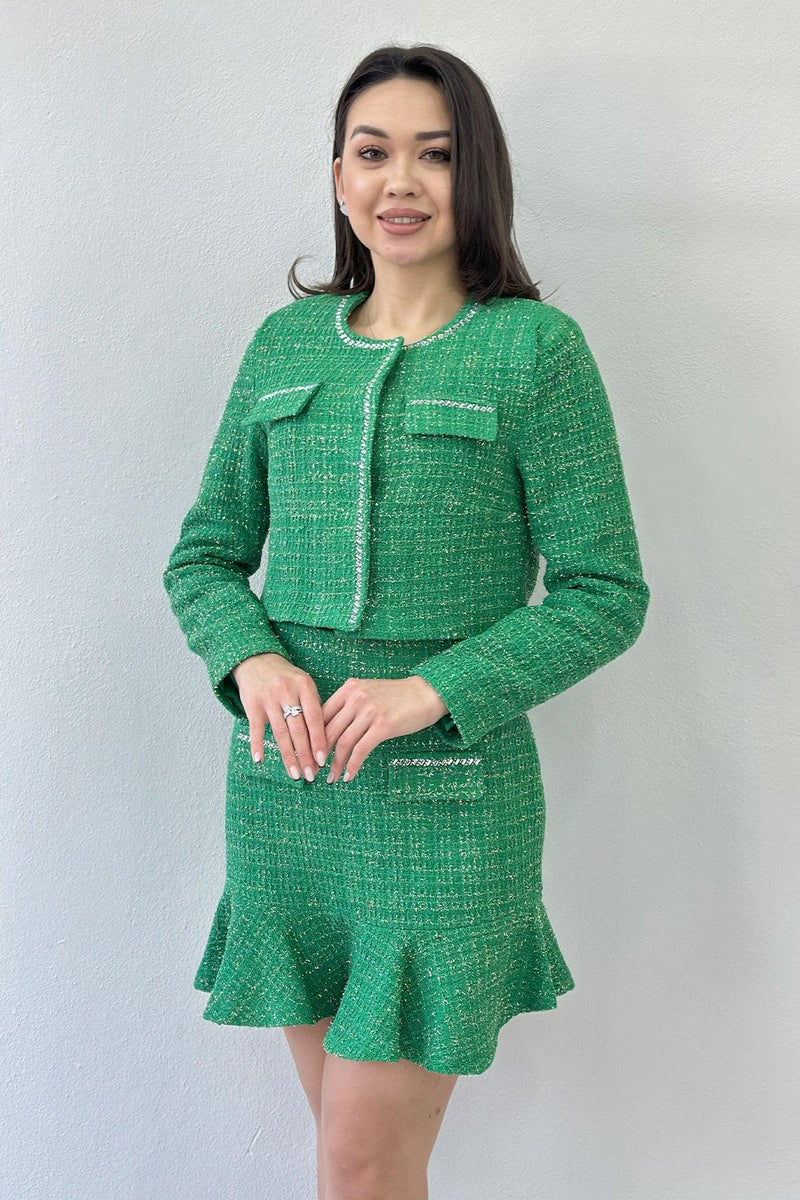 Yeşil Ceket Fırfır Etek İşemeli Tüvit İkili Takım