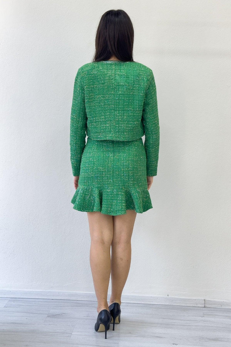 Yeşil Ceket Fırfır Etek İşemeli Tüvit İkili Takım