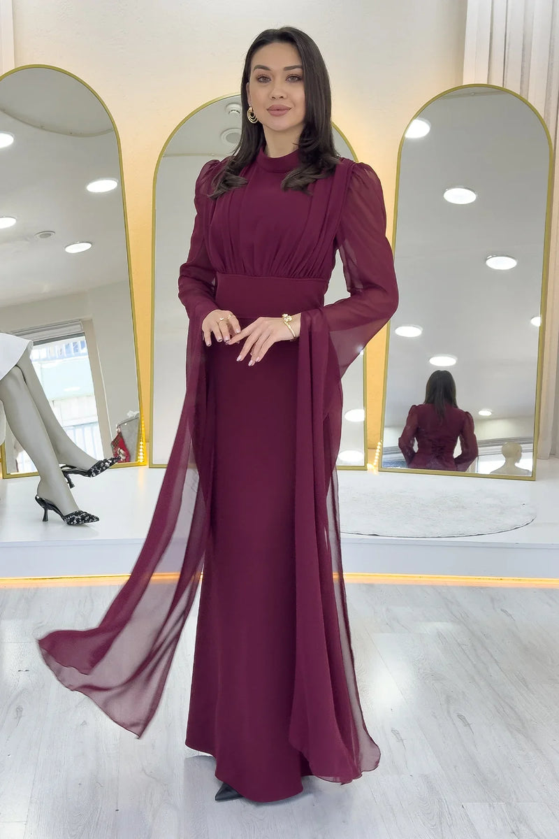 Bordo Şifon Pelerin Kol Dik Yaka Balık Abiye Elbise 