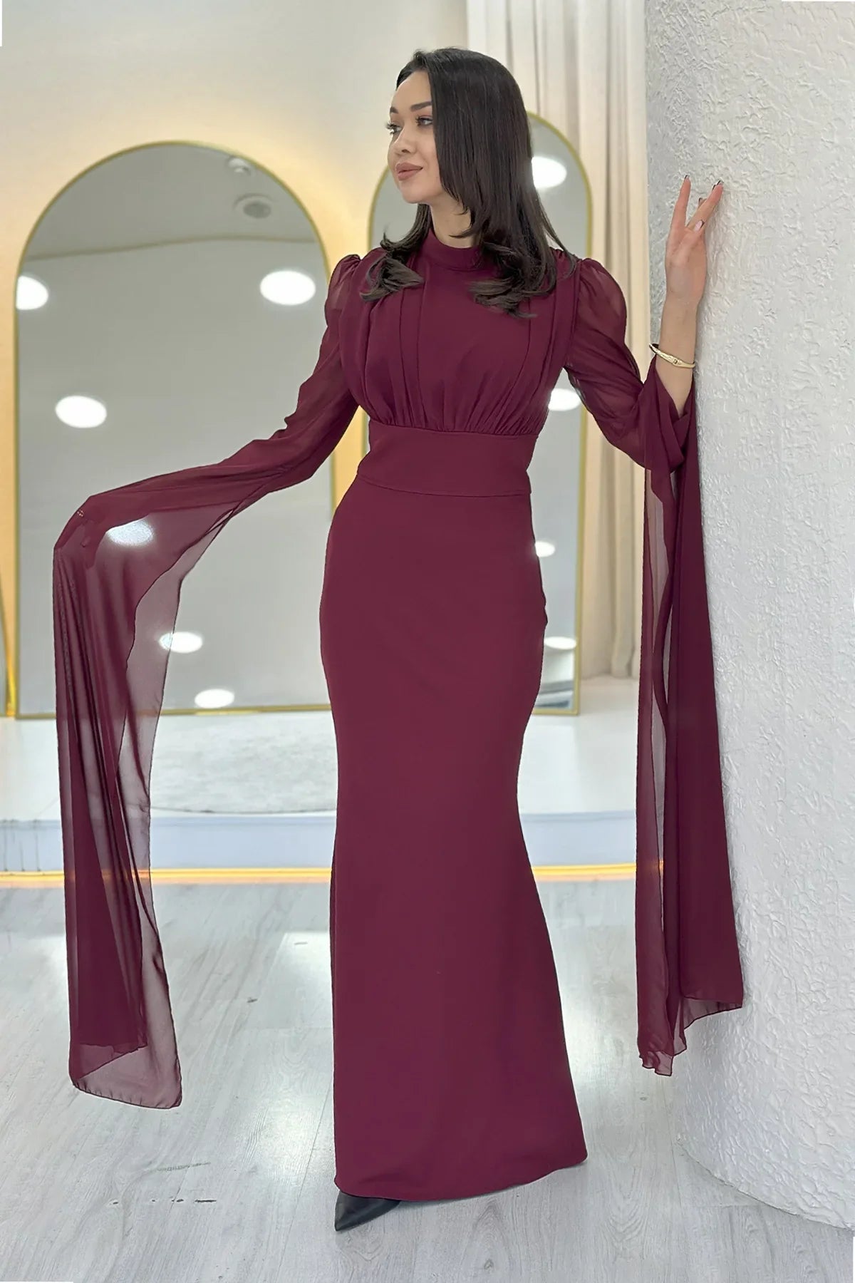 Bordo Şifon Pelerin Kol Dik Yaka Balık Abiye Elbise