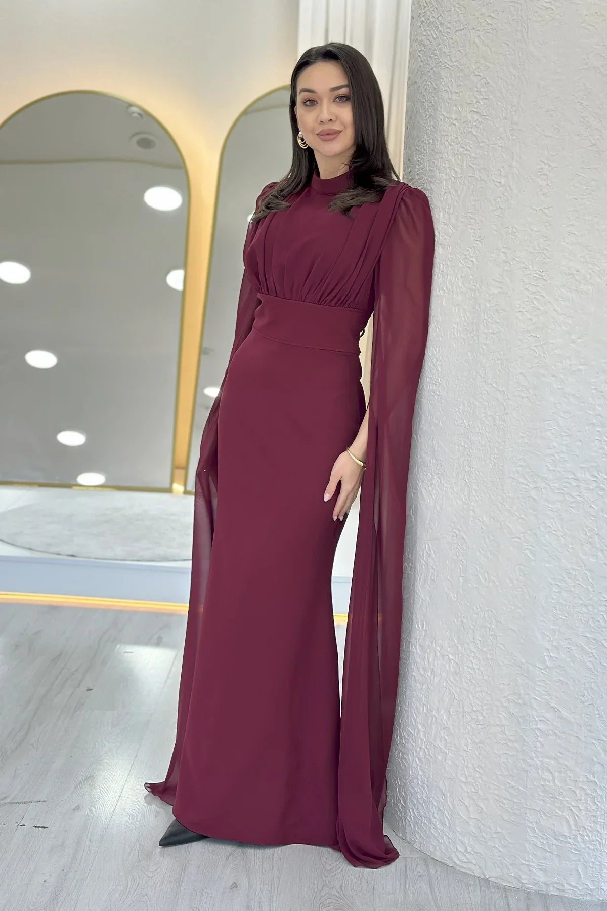Bordo Şifon Pelerin Kol Dik Yaka Balık Abiye Elbise 