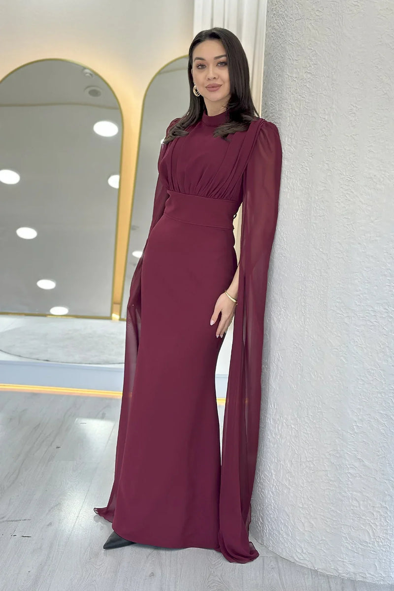 Bordo Şifon Pelerin Kol Dik Yaka Balık Abiye Elbise 