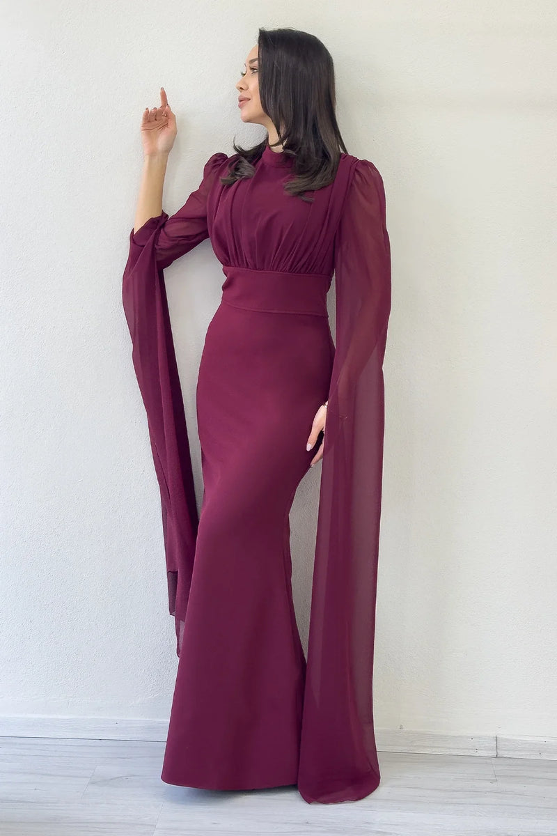 Bordo Şifon Pelerin Kol Dik Yaka Balık Abiye Elbise 