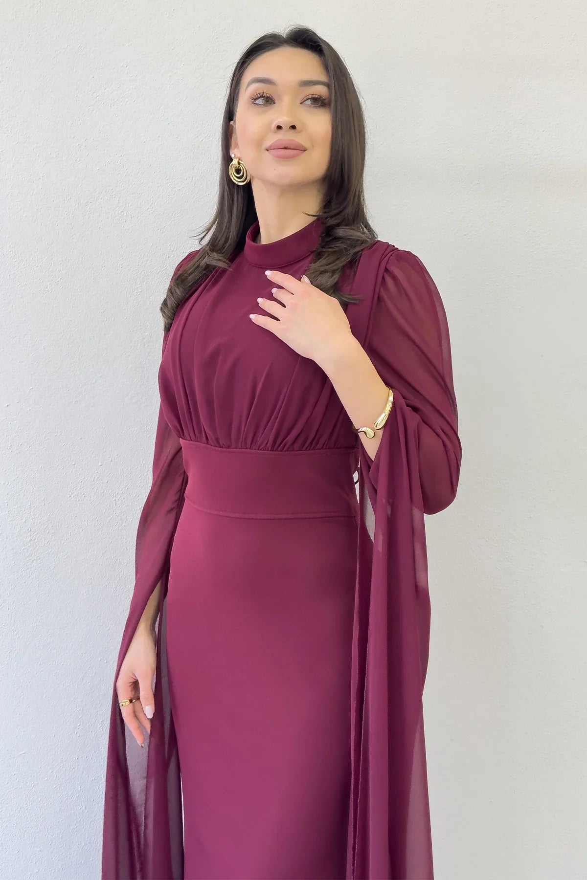 Bordo Şifon Pelerin Kol Dik Yaka Balık Abiye Elbise 