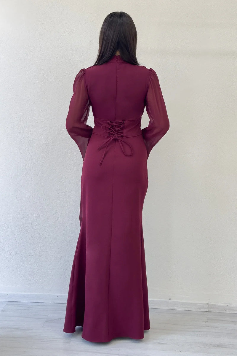 Bordo Şifon Pelerin Kol Dik Yaka Balık Abiye Elbise 