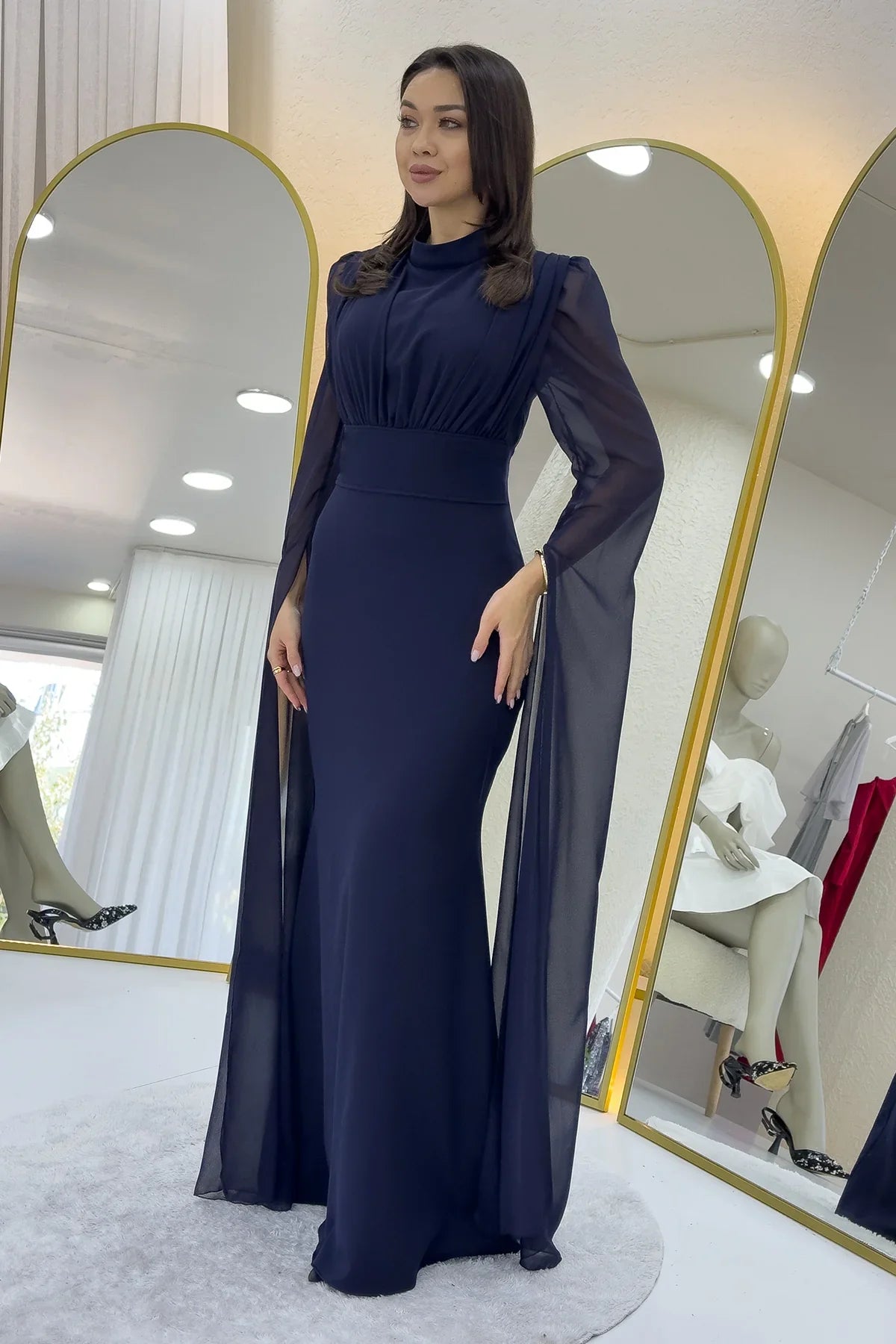 Lacivert Şifon Pelerin Kol Dik Yaka Balık Abiye Elbise 