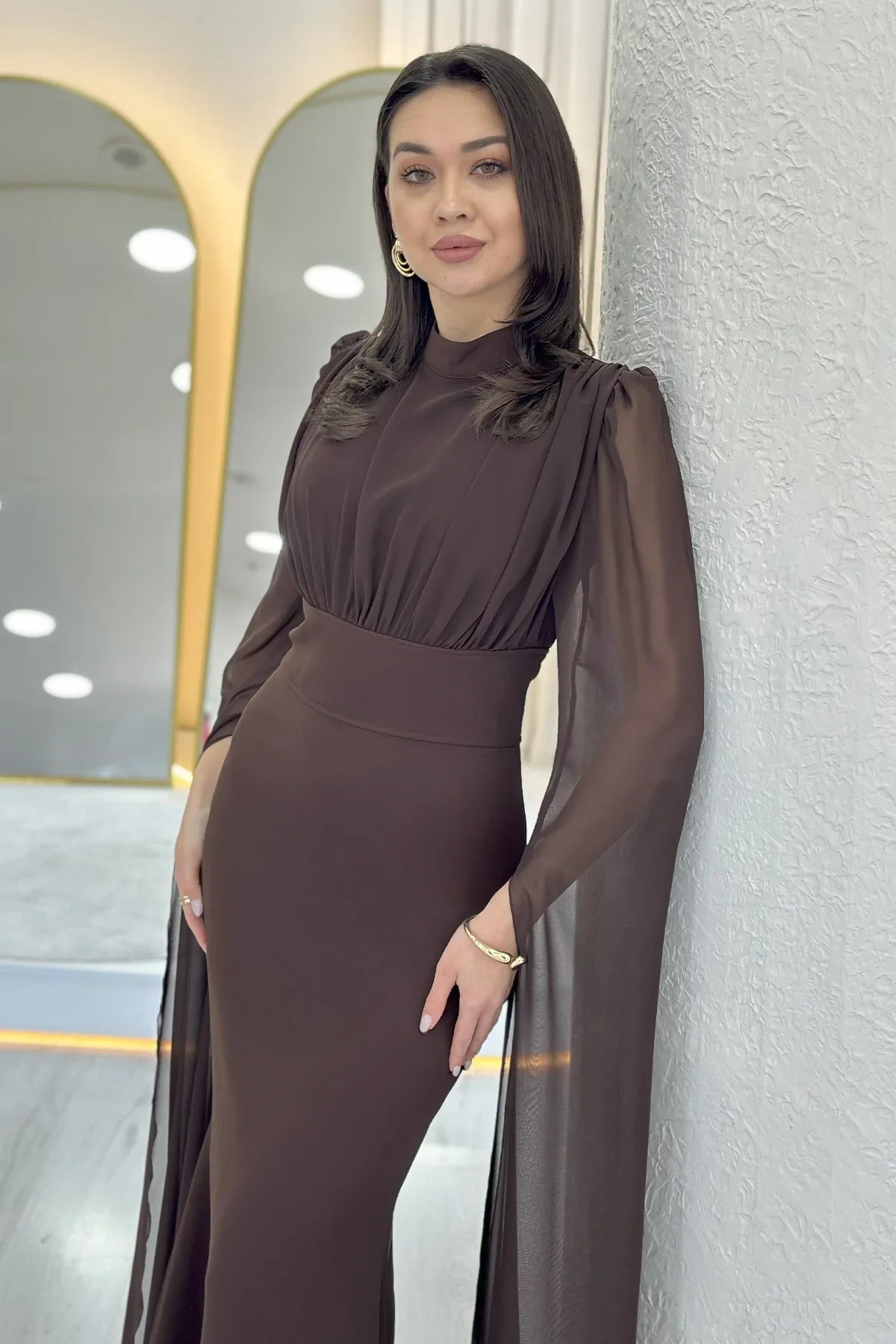 Taba Şifon Pelerin Kol Dik Yaka Balık Abiye Elbise