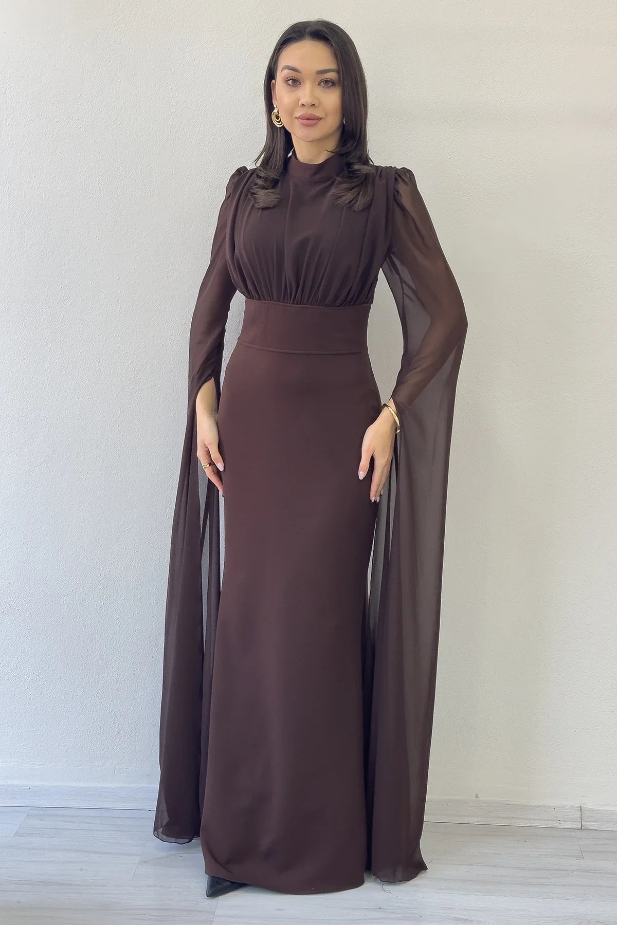 Taba Şifon Pelerin Kol Dik Yaka Balık Abiye Elbise