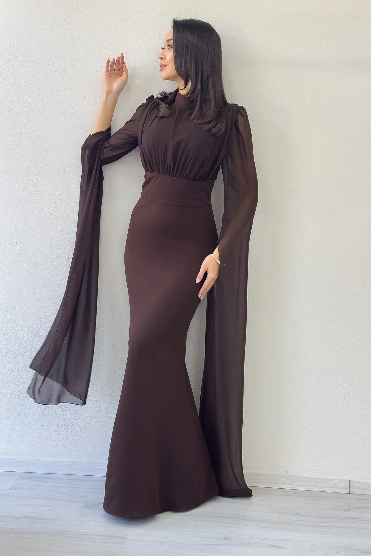 Taba Şifon Pelerin Kol Dik Yaka Balık Abiye Elbise