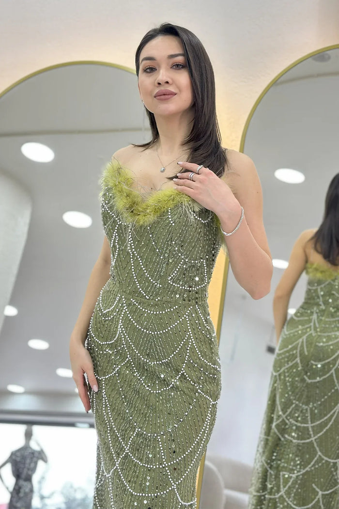 Kadın Haki Straplez İşlemeli Otriş Detaylı Abiye Elbise 