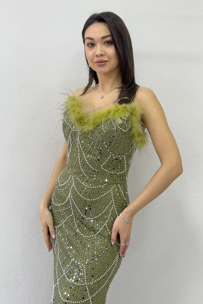 Kadın Haki Straplez İşlemeli Otriş Detaylı Abiye Elbise 