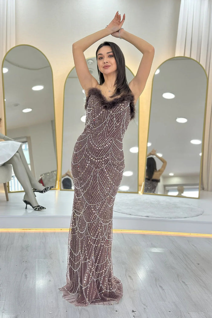 Kadın Kahverengi Straplez İşlemeli Otriş Detaylı Abiye Elbise 