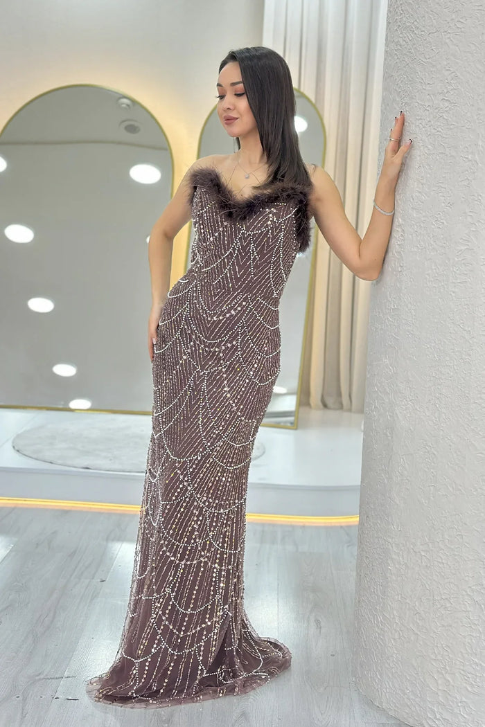 Kadın Kahverengi Straplez İşlemeli Otriş Detaylı Abiye Elbise 