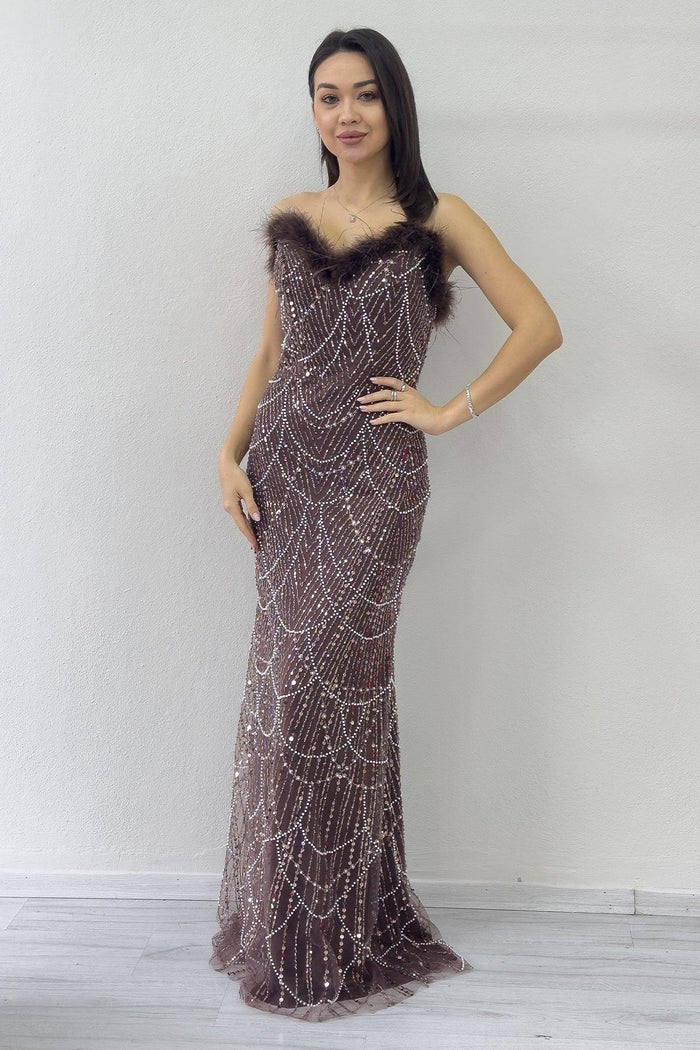 Kadın Kahverengi Straplez İşlemeli Otriş Detaylı Abiye Elbise 