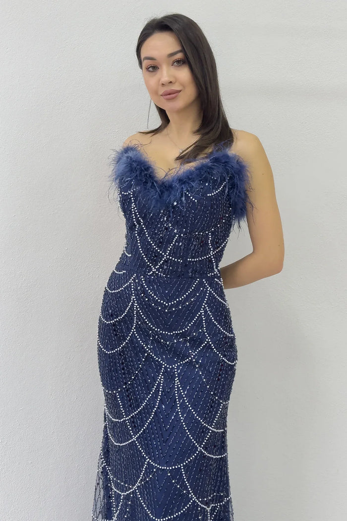 Kadın Lacivert Straplez İşlemeli Otriş Detaylı Abiye Elbise 