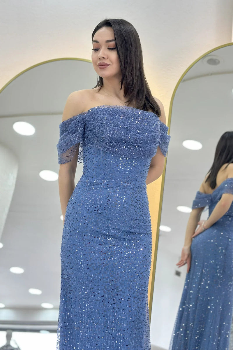 İndigo Madonna Yaka Pul İşlemeli Balık Abiye Elbise 