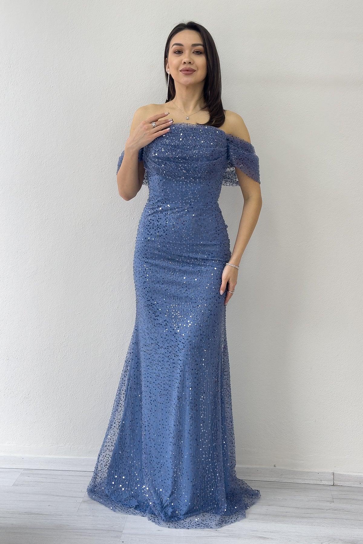 İndigo Madonna Yaka Pul İşlemeli Balık Abiye Elbise 