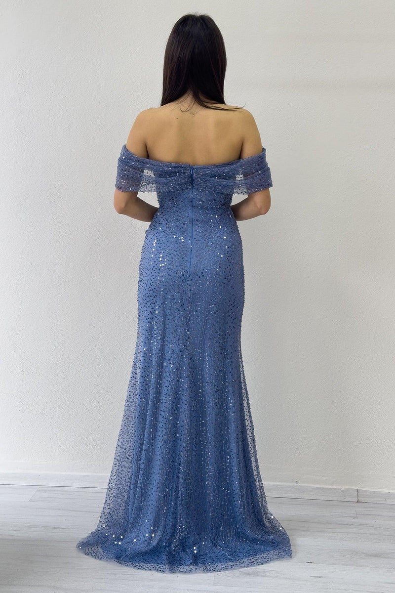 İndigo Madonna Yaka Pul İşlemeli Balık Abiye Elbise 