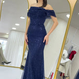 Lacivert Madonna Yaka Pul İşlemeli Balık Abiye Elbise