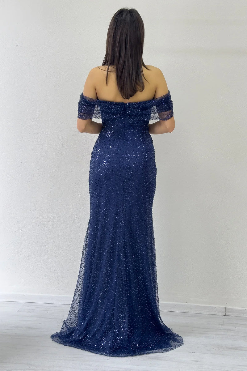 Lacivert Madonna Yaka Pul İşlemeli Balık Abiye Elbise 