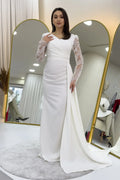 Beyaz İşlemeli Transparan Kol Kruvaze Yaka Kuyruklu Nikah Abiye Elbise