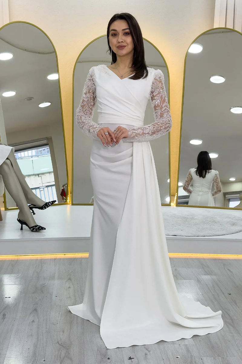 Beyaz İşlemeli Transparan Kol Kruvaze Yaka Kuyruklu Nikah Abiye Elbise 