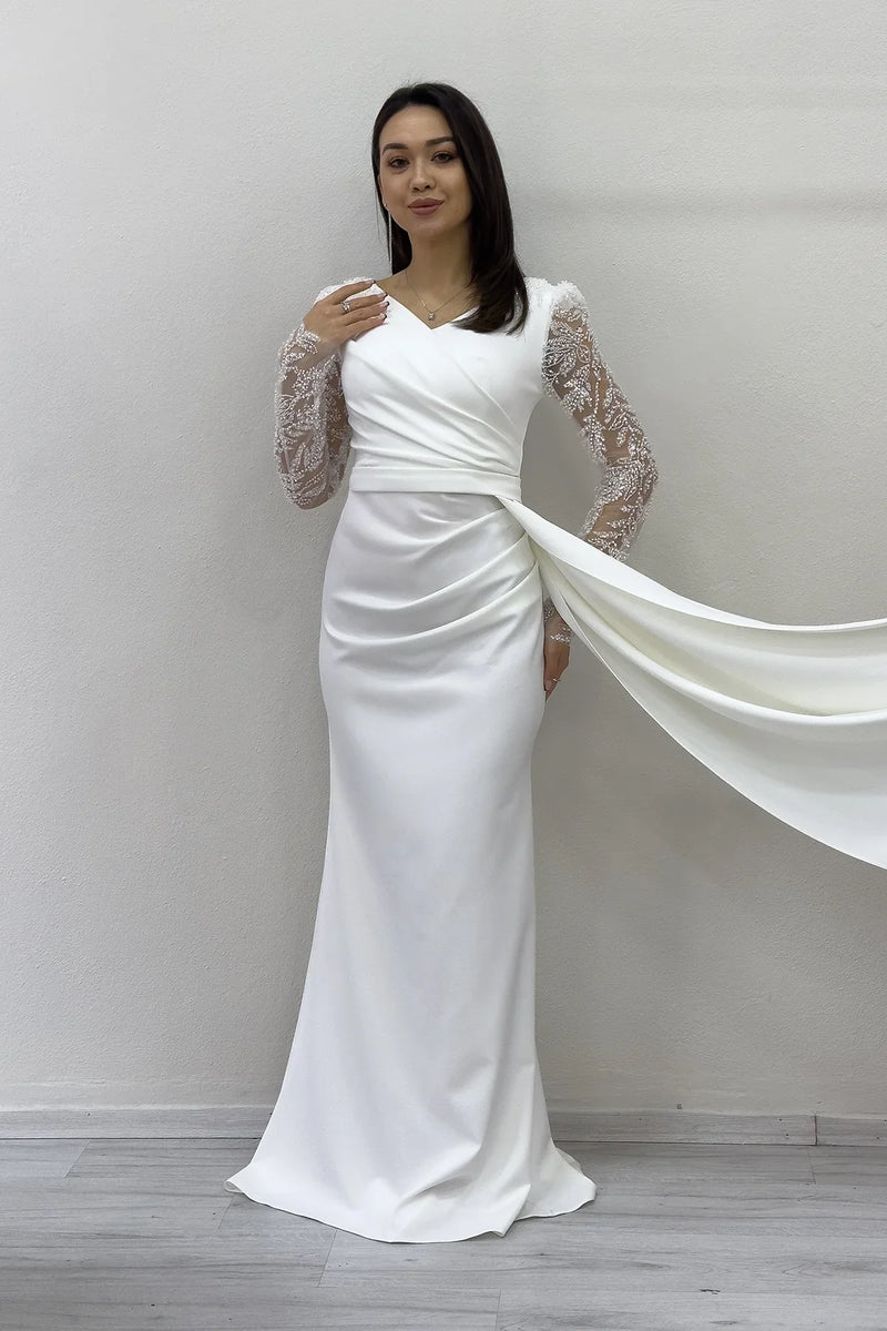 Beyaz İşlemeli Transparan Kol Kruvaze Yaka Kuyruklu Nikah Abiye Elbise 