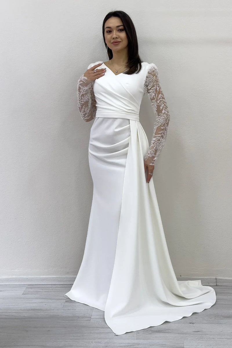 Beyaz İşlemeli Transparan Kol Kruvaze Yaka Kuyruklu Nikah Abiye Elbise 