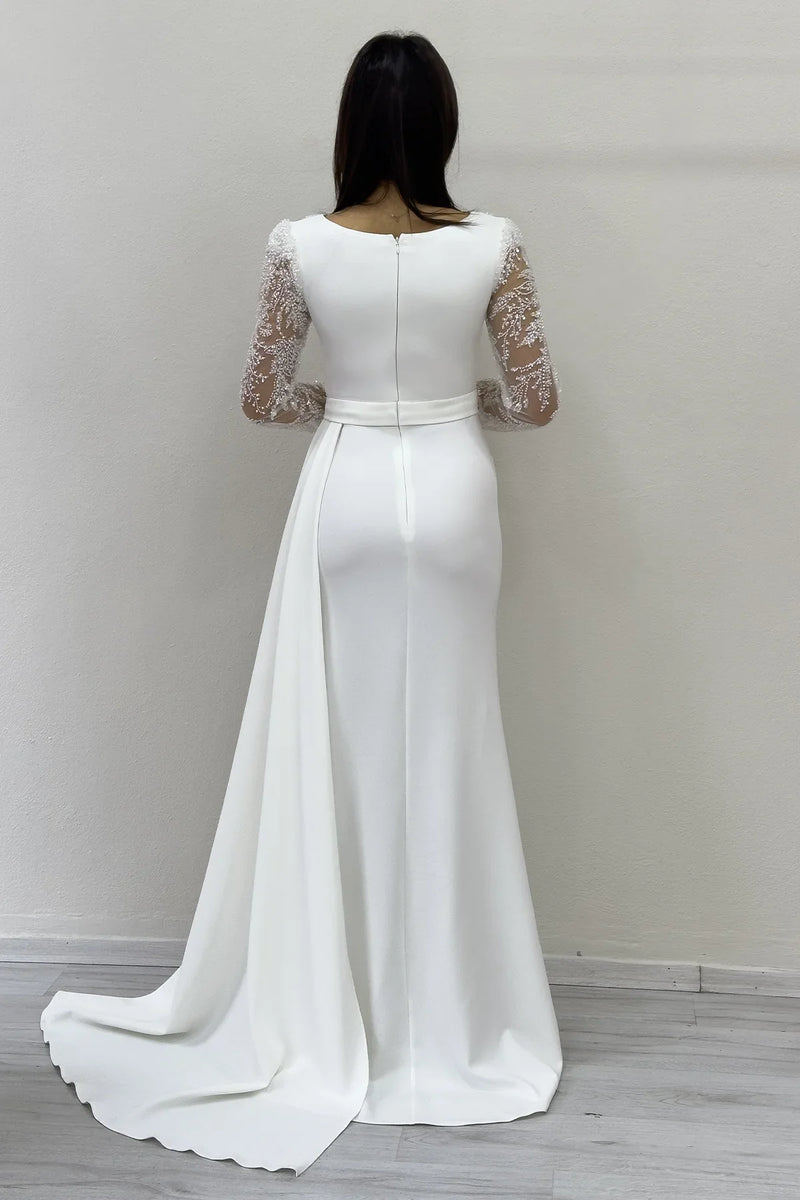 Beyaz İşlemeli Transparan Kol Kruvaze Yaka Kuyruklu Nikah Abiye Elbise 