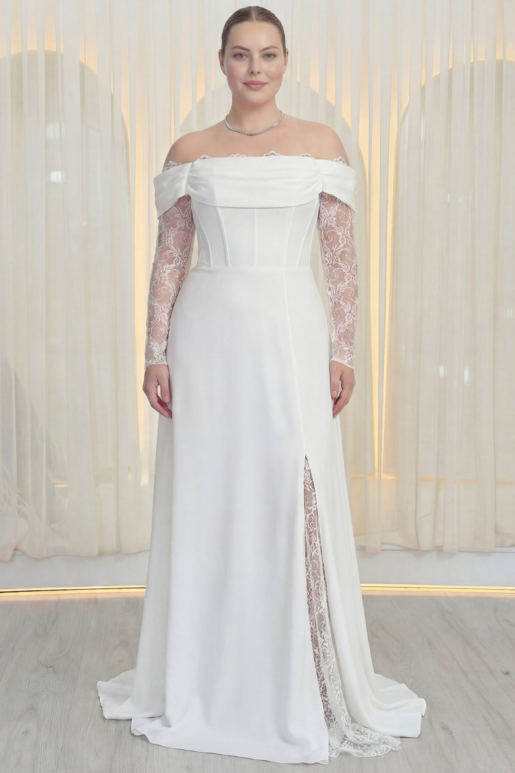 Kadın Düşük Omuz Dantel Detaylı Beyaz Nikah Büyük Beden Abiye Elbise