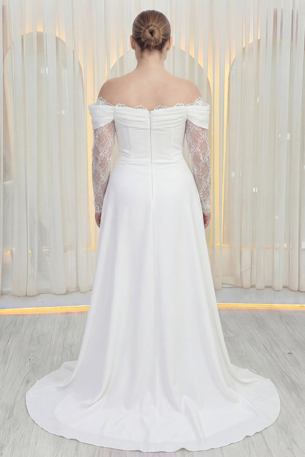 Kadın Düşük Omuz Dantel Detaylı Beyaz Nikah Büyük Beden Abiye Elbise