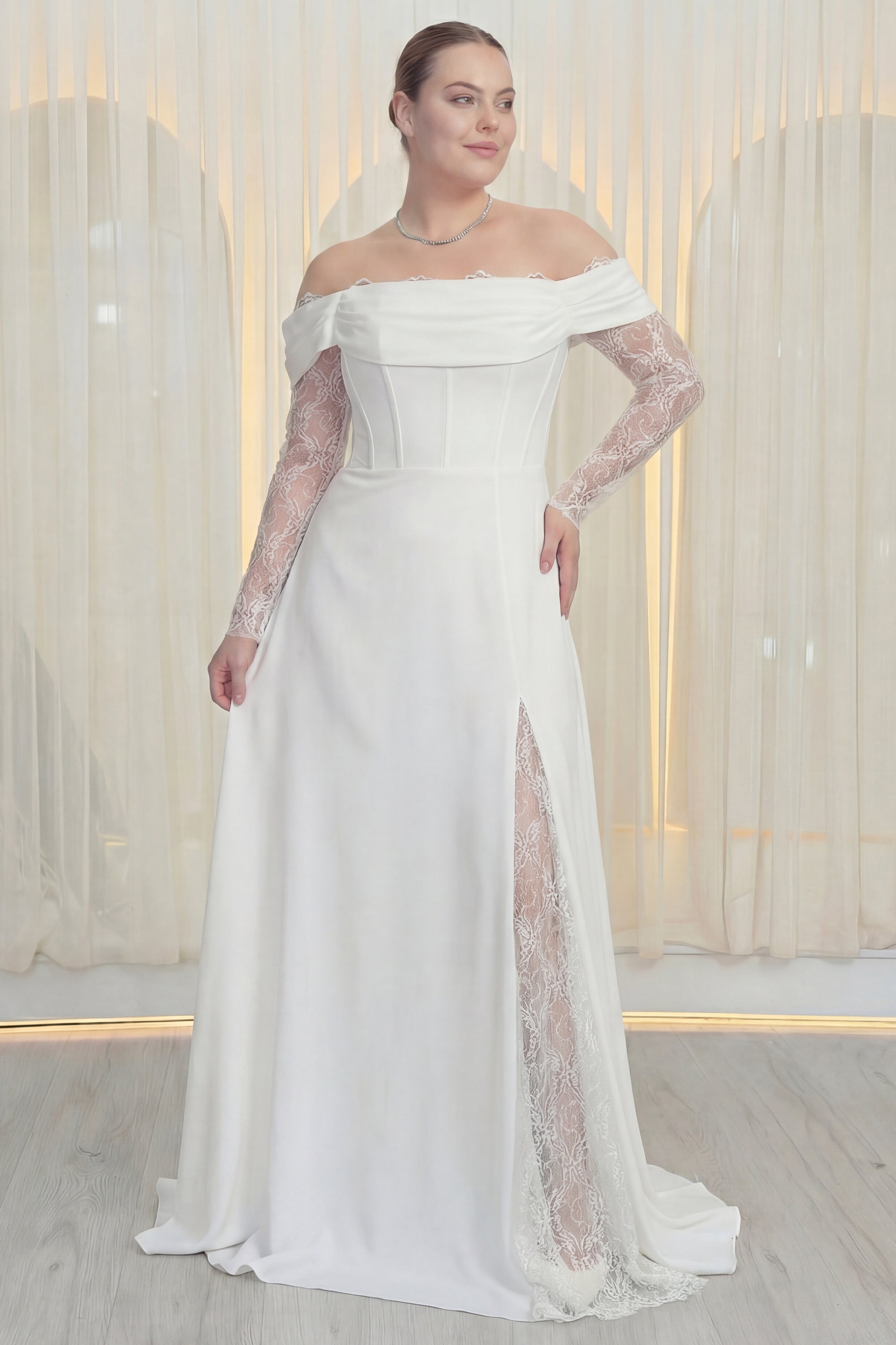 Kadın Düşük Omuz Dantel Detaylı Beyaz Nikah Büyük Beden Abiye Elbise