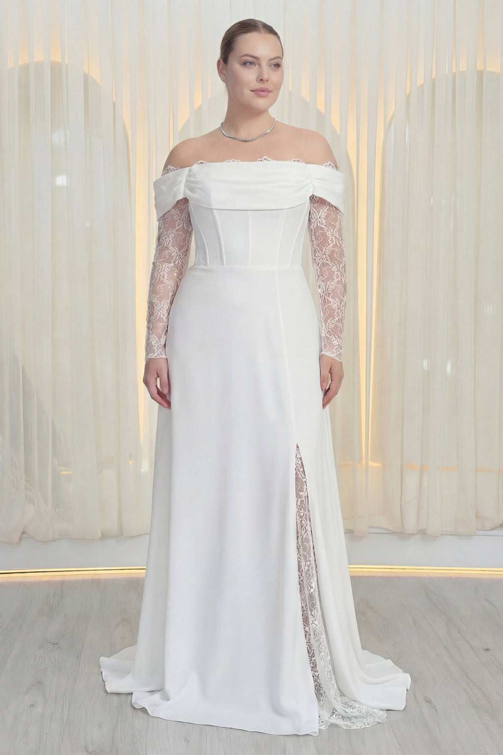 Kadın Düşük Omuz Dantel Detaylı Beyaz Nikah Büyük Beden Abiye Elbise