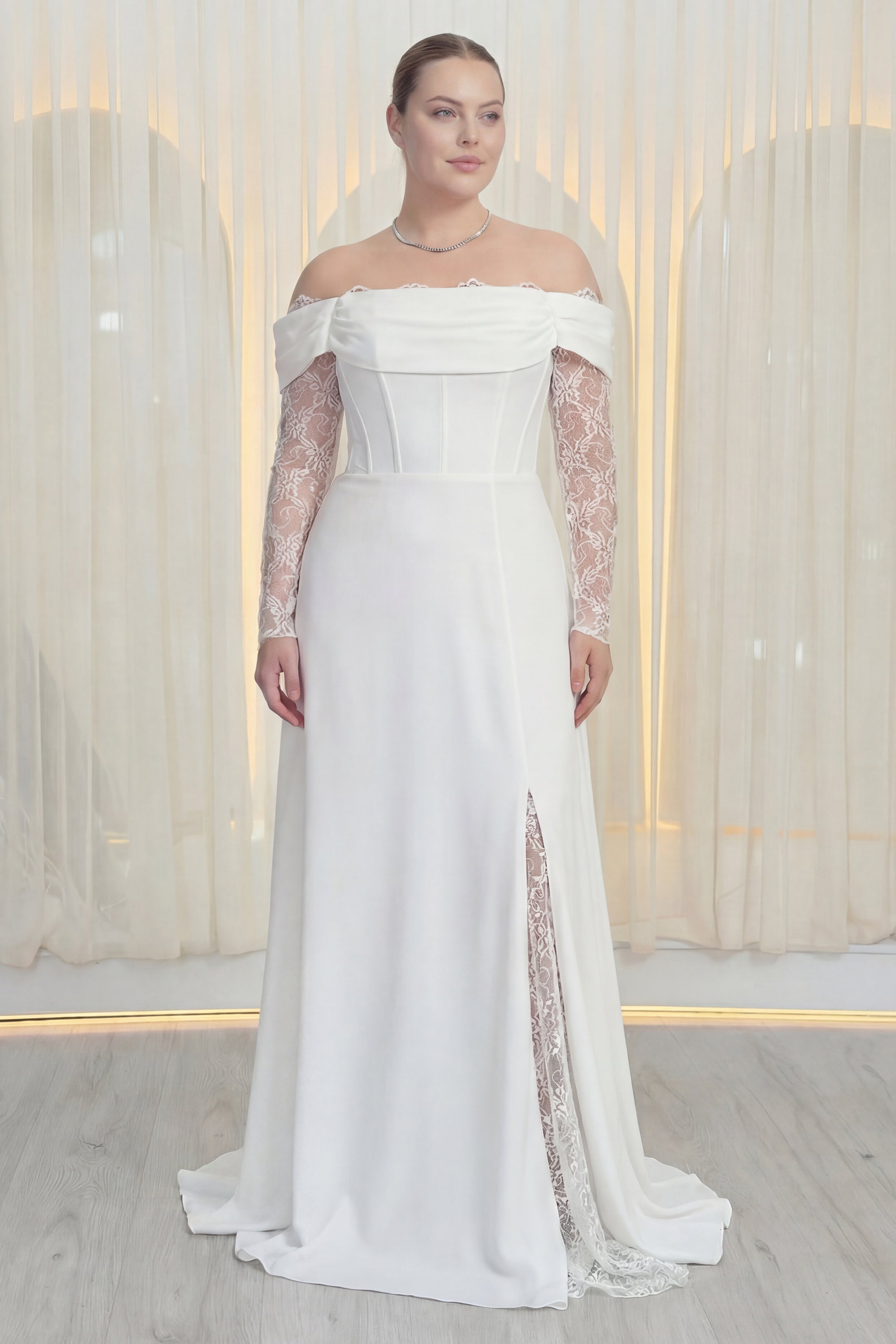 Kadın Düşük Omuz Dantel Detaylı Beyaz Nikah Büyük Beden Abiye Elbise