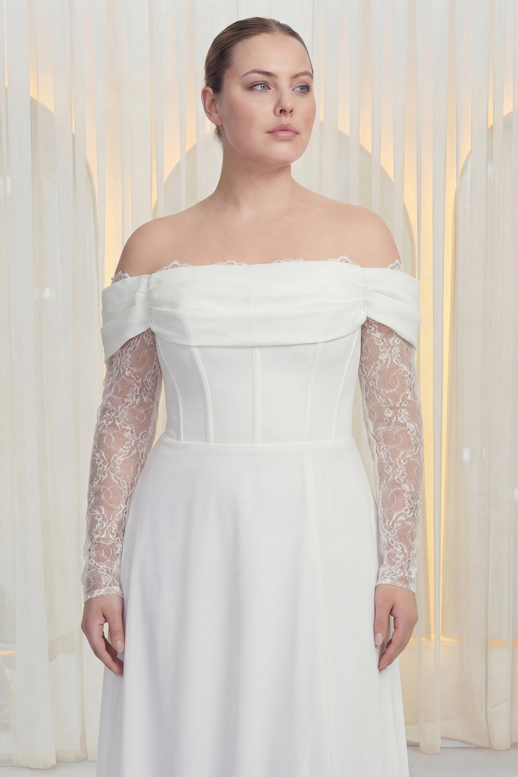 Kadın Düşük Omuz Dantel Detaylı Beyaz Nikah Büyük Beden Abiye Elbise