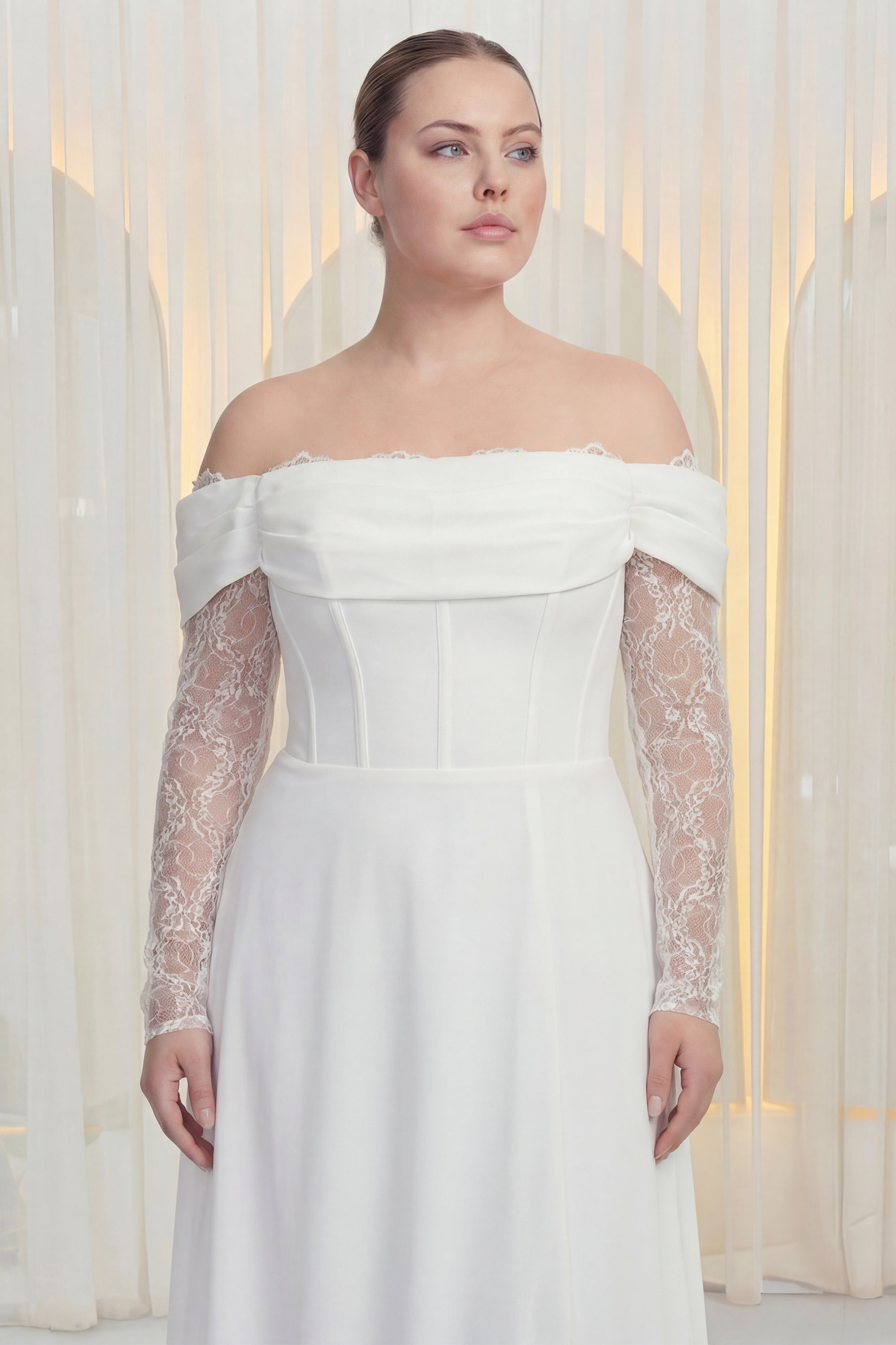 Kadın Düşük Omuz Dantel Detaylı Beyaz Nikah Büyük Beden Abiye Elbise