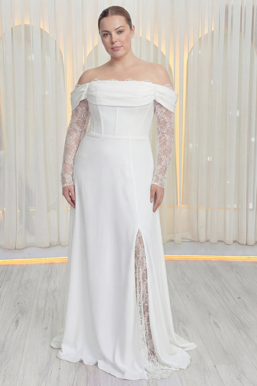 Kadın Düşük Omuz Dantel Detaylı Beyaz Nikah Büyük Beden Abiye Elbise