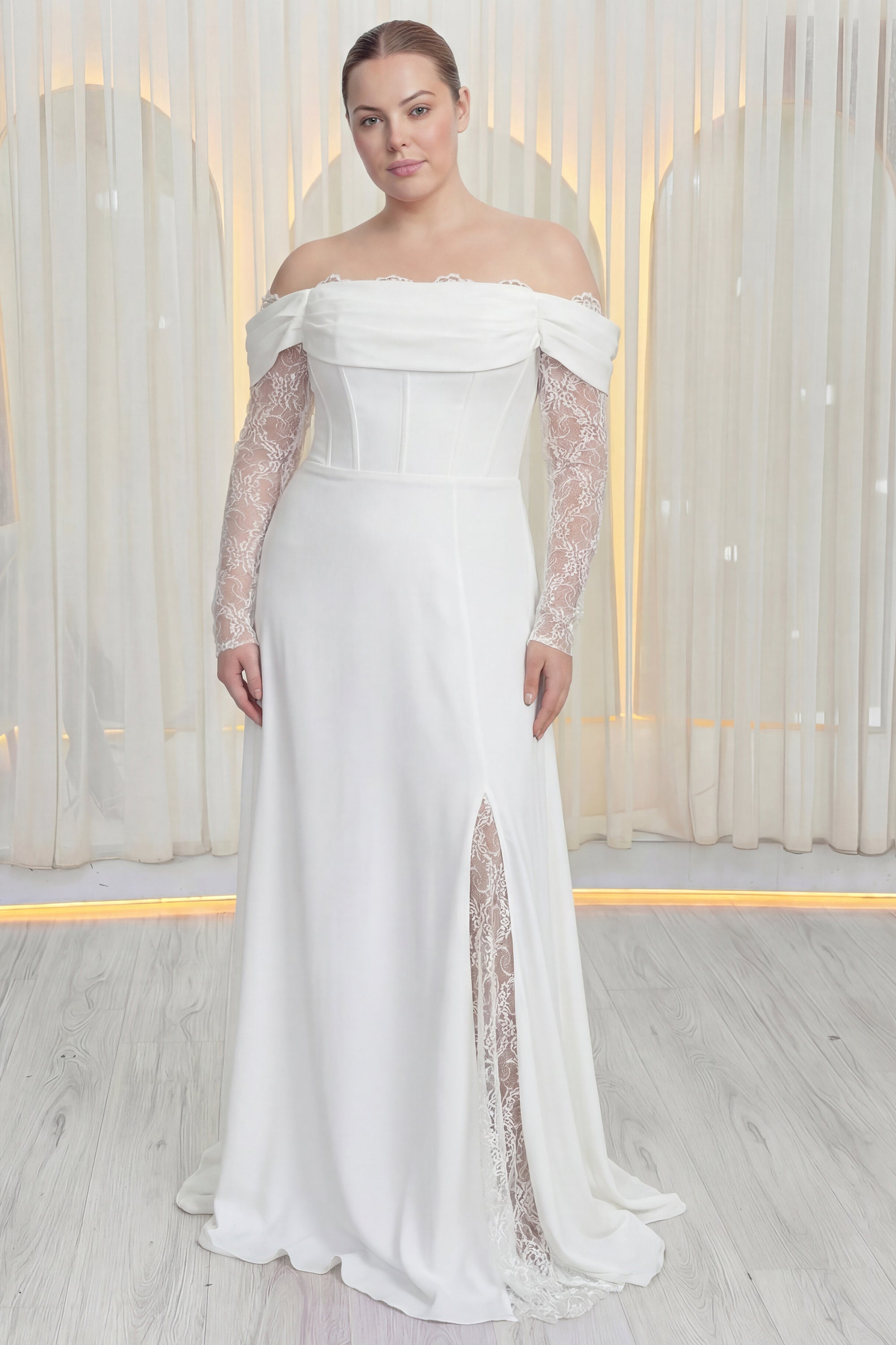 Kadın Düşük Omuz Dantel Detaylı Beyaz Nikah Büyük Beden Abiye Elbise