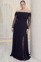 Kadın Düşük Omuz Dantel Detaylı Siyah Büyük Beden Abiye Elbise