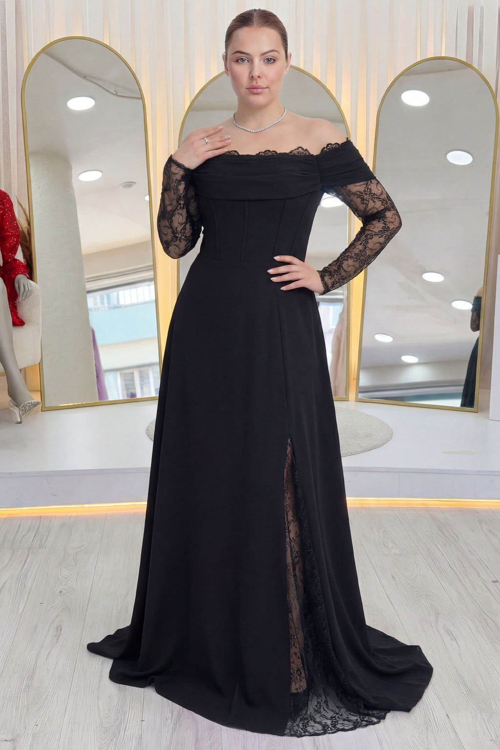 Kadın Düşük Omuz Dantel Detaylı Siyah Büyük Beden Abiye Elbise