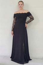 Kadın Düşük Omuz Dantel Detaylı Siyah Büyük Beden Abiye Elbise